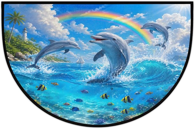 Dolphin Ocean Rainbow Half Round Mat Half Moon Door Rug Washable Durable Semi Circle Carpet Floor mats for Indoor Outdoor Bathroom Kitchen Patio Hearth Rug Laundry Room Home Decoration