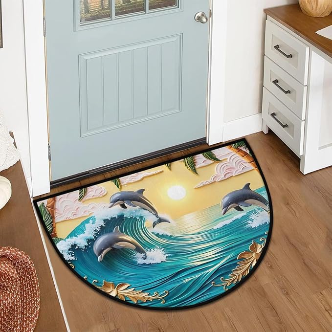 Dolphin Beach Sea Half Round Door Mat Non-Slip Semi Circle Rug Washable Half Moon Floor Rug Absorbent Bathroom Area Rugs for Outdoor Indoor Fireplace Mat Entryway Kitchen Decor Rugs