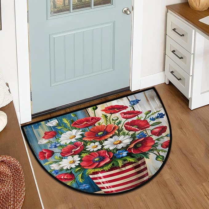 Spring Flower Wood Half Round Door Mat Non-Slip Semi Circle Rug Washable Half Moon Floor Rug Absorbent Bathroom Area Rugs for Outdoor Indoor Fireplace Mat Entryway Kitchen Decor Rugs