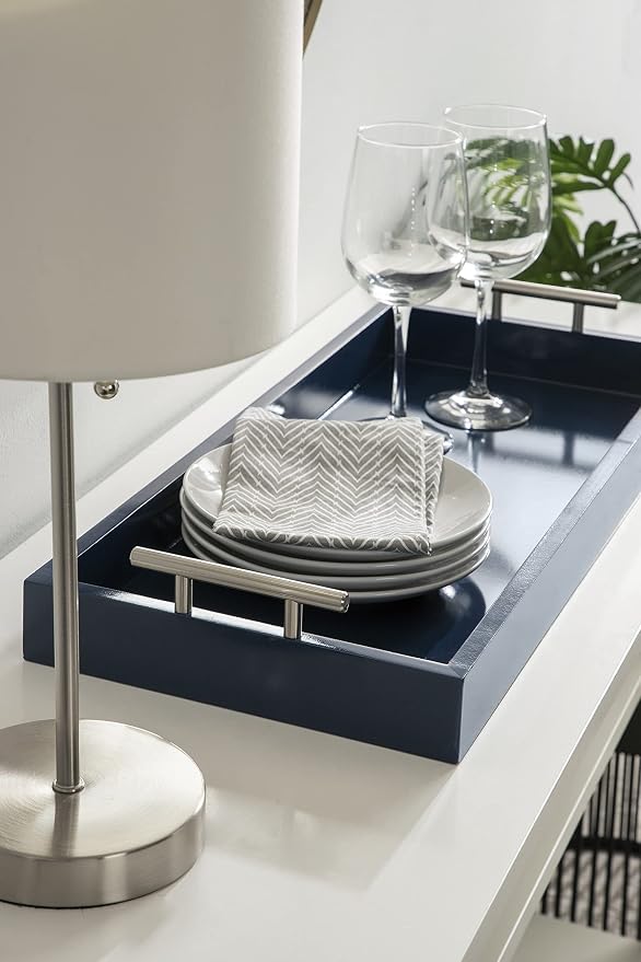 Kate and Laurel Lipton Narrow Decorative Tray; 10 x 24; Navy Blue and Silver; Chic Accent Tray for Display and Storage