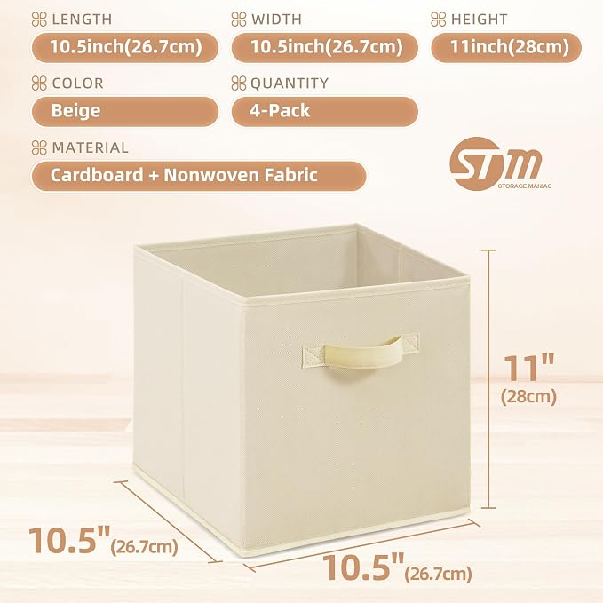 STORAGE MANIAC Storage Cubes, 11 Inch Collapsible Storage Bins with Handles, 4 Pack Fabric Foldable Bins for Organization, Durable Storage Bins for Closet, Shelves, Offices, 4-Pack Beige