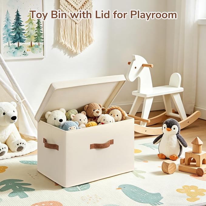 CHICVITA 4-Pack Large Fabric Storage Bins with Lids for Shelves, Ivory | 17.1" x 11.2" x 11.6" Decorative Storage Boxes with Handles for Clothes Fit Closet, Toy Box with Support Plate for Playroom