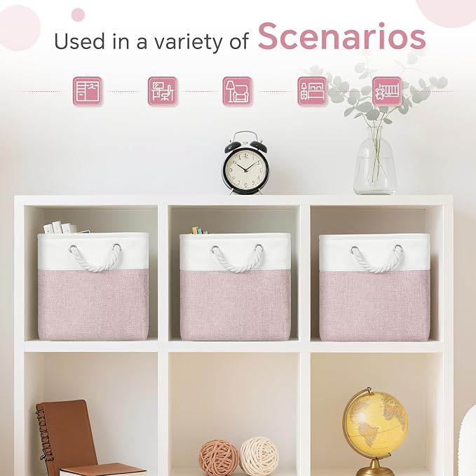 FinishingBo 11 inch Cube Storage Bin with Handles 6 Pack | Foldable Basket, Fabric Storage Bins, Closet Storage, Home Organizer (White/Pink)