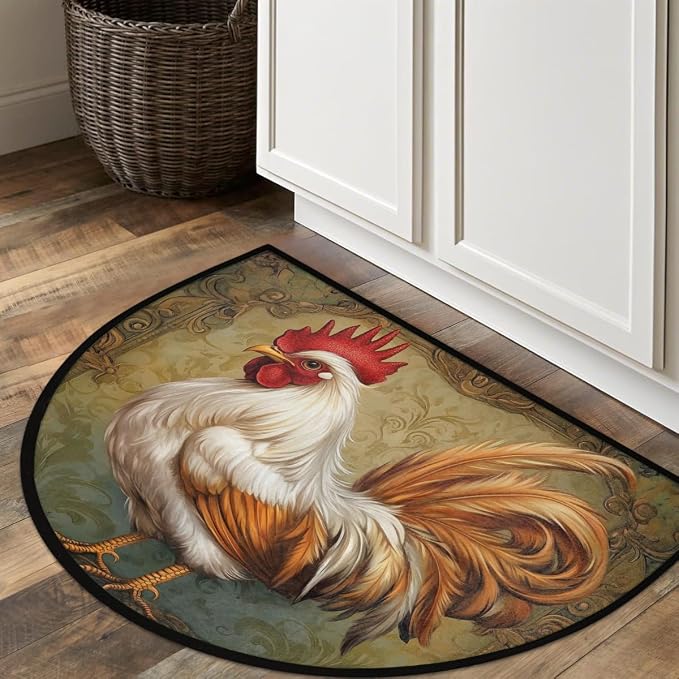 Rooster Half Round Doormat Semi Circle Rug Half Moon Rug Entryway Mat | Rooster Vintage Washable Non Slip Outdoor Floor Rug Kitchen Mat for Indoor Outdoor Bathroom Fireplace Bath Decor