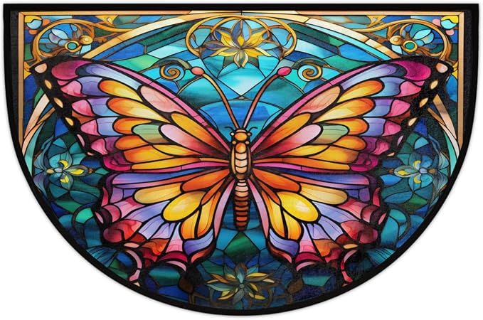 Pardick Half Round Doormat Butterfly Glass Semi Circle Rug Non Slip Indoor Outdoor Entrance Half Moon Rug Washable Front Floor Mat for Kitchen Bathroom Patio Fireplace Holiday Decor