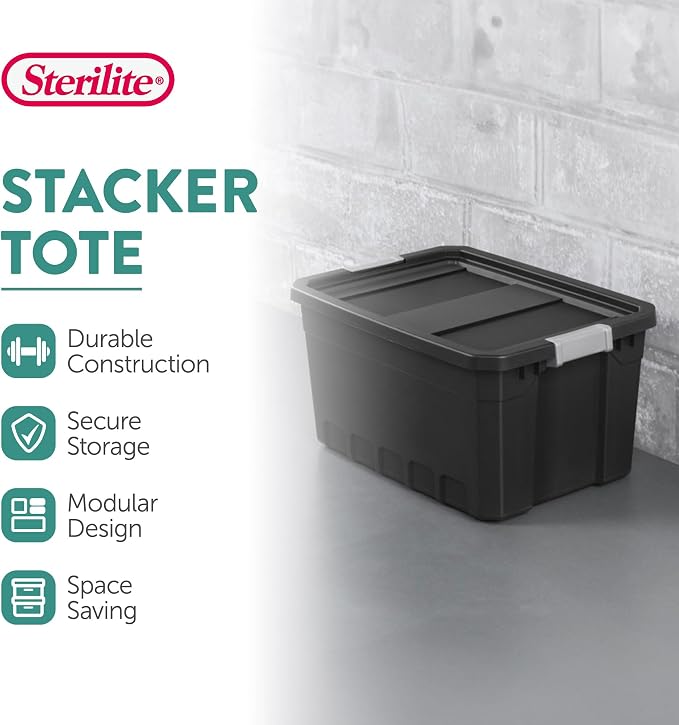Sterilite 18-Pack Plastic Storage Bins with Lids, Stackable Containers, 19 Gallon, Black