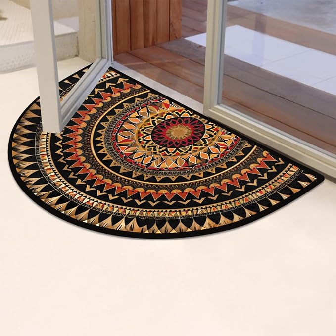Mandala Boho Half Round Door Mat Non Slip Half Circle Rugs | Ethnic Flower Washable Half Moon Rug Semi Circle Rugs Indoor Entrance Floor Carpet for Kithen Bedroom Fireplace Decor