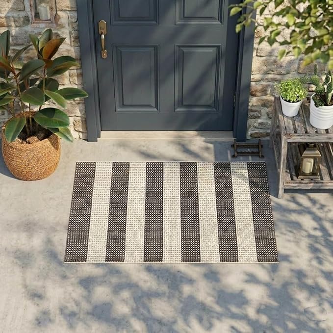 LEEVAN Door Mat Outdoor Entrance 24''x35'', Washable Striped Front Porch Rug, Black and White Buffalo Welcome Mat, Spring Outside Entryway Rugs, Cotton Woven Indoor Outdoor Layered Doormats