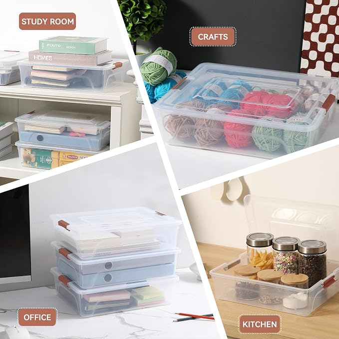 novelinks 10 Quart Clear Plastic Storage Containers with Lids (4 Pack) | Storage Bins with Lids, Stackable Small Clear Bins, Craft Storage Box, Paper Storage, Under Bed Storage Bins, Pencil Box