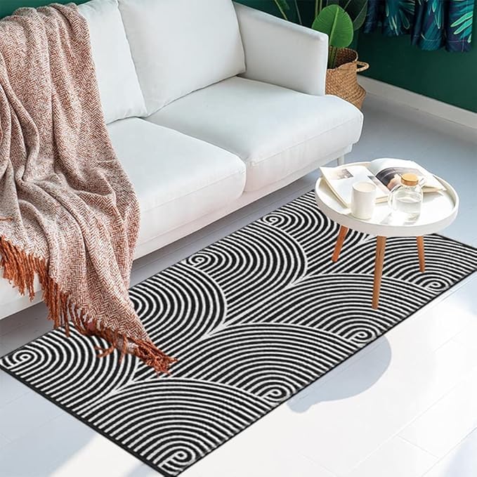 Tiffasea Black and White Kitchen Rug 2'x4' Washable Indoor Outdoor Rugs | Machine Washable Rug Cotton Hand-Woven Modern Area Rug Front Door Rug for Living Room/Entryway/Laundry/Bathroom/Bedroom