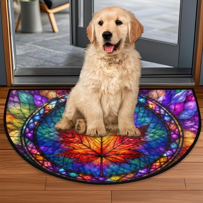 Autumn Half Round Door Mat Welcome Entrance Mat Bath Bathroom Rug A3 | Autumn Maple Leaf Glass Painting Welcome Entrance Mat Anti-Slip Half Moon Bath Mat Semi Circle Rug Indoor Outdoor Kitchen Rug
