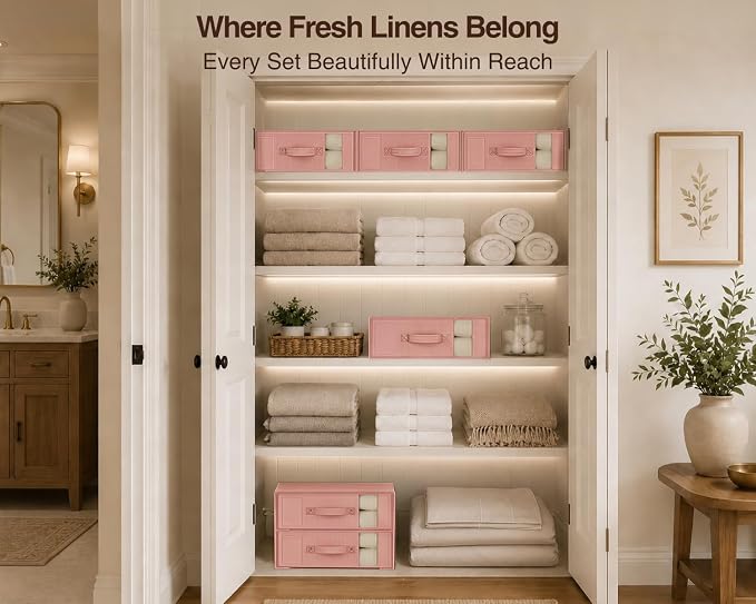 DIMJ Bed Sheet Organizers and Storage 8 Pack - Foldable Sheet Holder, Linen Closet Organizer Box for Sheets Set, Bedding, Blankets, Towel (King & Queen Size)