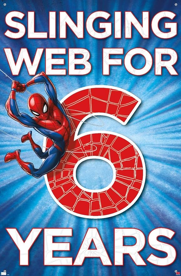 Trends International Marvel Spider-Man - Happy 6th Birthday Wall Poster, 22.37" x 34.00", Premium Poster & Push Pin Bundle