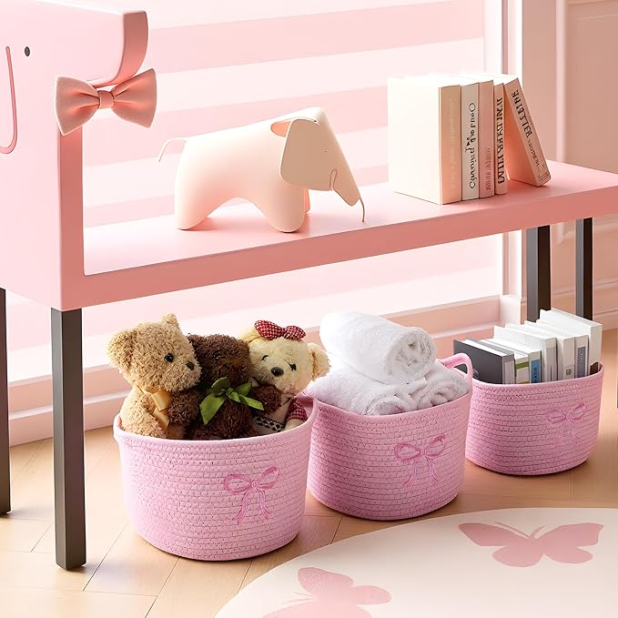 Vesici 3 Pcs Pink Bow Small Baskets Coquette Bow Woven Cotton Rope Storage Basket 9.7'' x 7.1'' Laundry Organizer with Handles for Toys Clothes Organization Nursery Bedroom