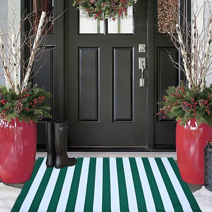 Green & White Striped Rug, 2'4" x 3'7" Indoor/Outdoor Area Rug for Front Porch, Entryway, Machine Washable Cotton Woven Welcome Door Mat