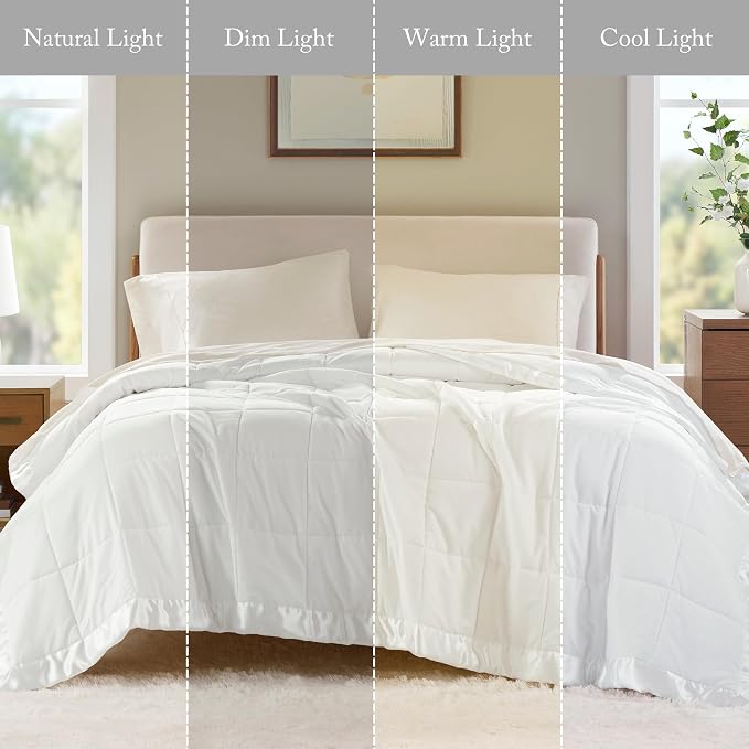 Madison Park Down Alternative King Size Blanket for Bed, Satin Trim, White | Lightweight Windom Blanket Premium 3M Scotchgard Moisture Wicking Treatment, OEKO TEX, Soft Bed Cover, All Season