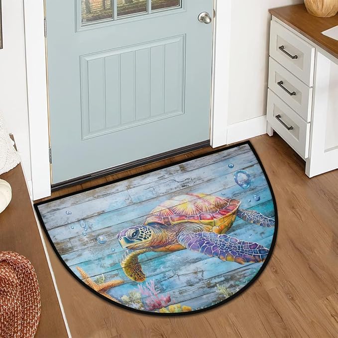 Turtles Ocean Half Round Door Mat Welcome Entrance Mat Bath Bathroom Rug | Turtles Ocean Welcome Entrance Mat Anti-Slip Half Moon Bath Mat Semi Circle Rug Indoor Outdoor Kitchen Rug