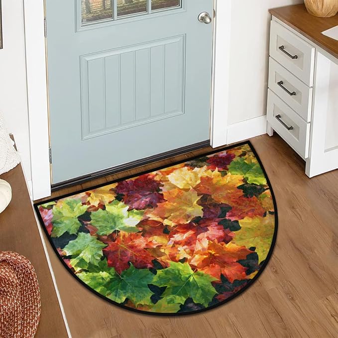 Autumn Half Round Door Mat Welcome Entrance Mat Bath Bathroom Rug C1 | Autumn Fall Maple Leaves Welcome Entrance Mat Anti-Slip Half Moon Bath Mat Semi Circle Rug Indoor Outdoor Kitchen Rug