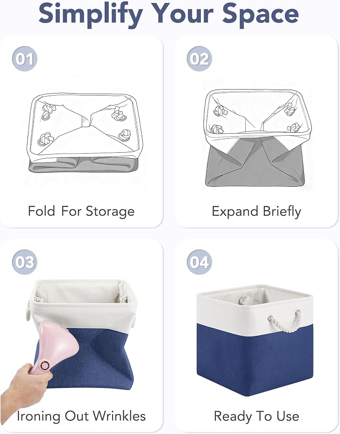 12x12 Inch Fabric Cube Storage Bins with Cotton Rope Handle 6-Pack | Top Support of Metal Frame, Bottom with Cardboard Support, Foldable Storage Bins for Closet, Bedroom, White Blue