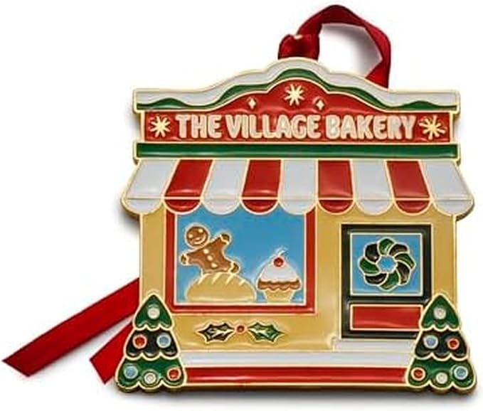 Wallace 2025 Gold-Plated Enamel Christmas Village Bakery Ornament - 2nd Edition Annual Collectible Series - 24K Gold Back, Dated, Gift Box and Velvet Pouch Included