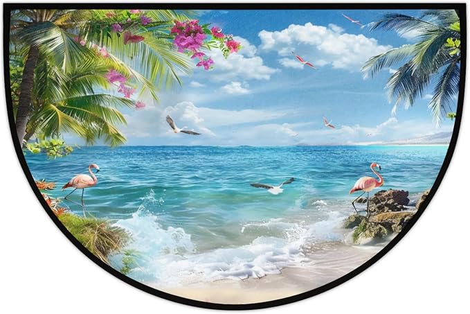 Half Round Doormat Summer Flamingo Bird Flowers Non Slip Half Circle Area Rugs Indoor Washable Half Moon Rug Semi Circle Bathroom Runner Mat Entrance Floor Carpet for Kithen Bedroom Fireplace Decor