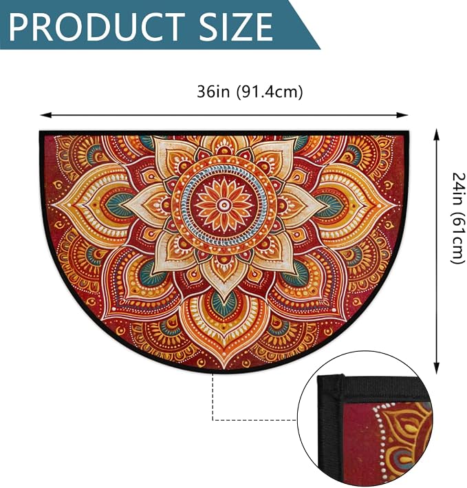Lotu Half Round Door Mat Semi Moon Rug Fireplace Carpet Area Rugs | Red Bohemian Non Slip Absorbent Half Circle Mat Carpet for Indoor Outdoor Patio Kitchen Bathroom Entryway Home Decor
