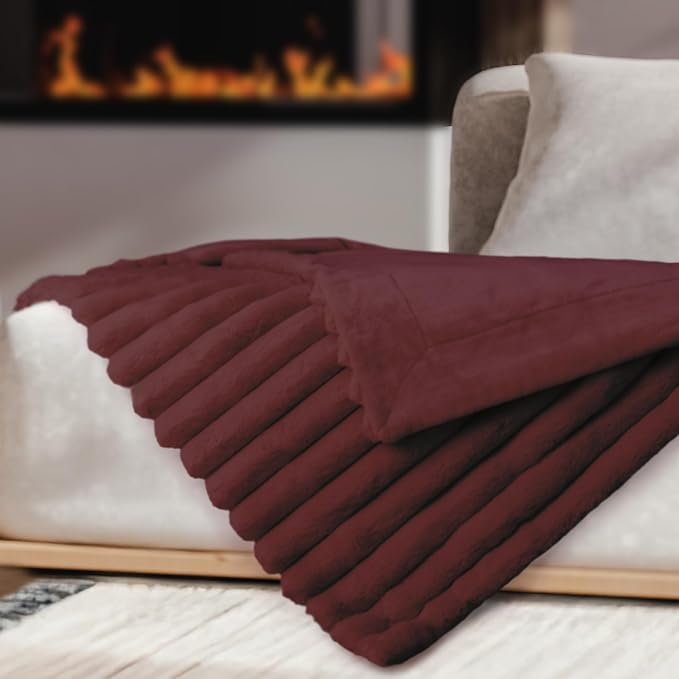 DEZ FURNISHINGS Luxury Reversible Textured Stripe Faux Fur & Velvet Throw Blanket, Throw XL (50" x 70"), Burgundy Red