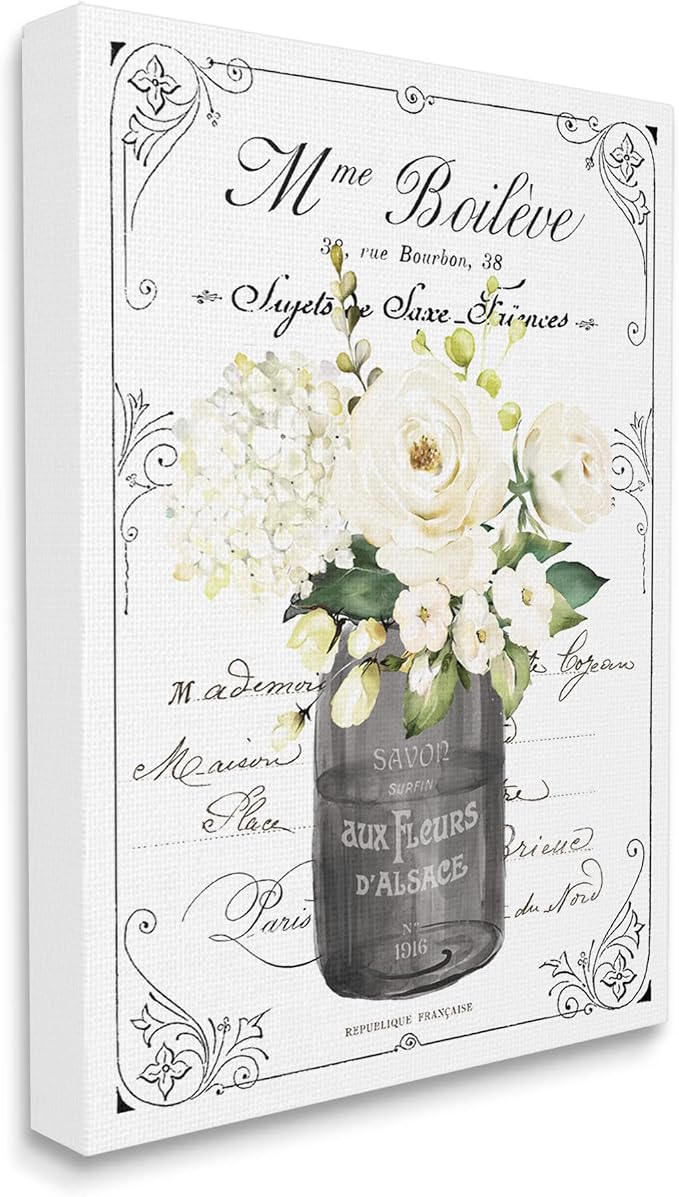 Vintage Parisian Floral Bathroom Bouquet, 24 x 30 Inch Canvas Wall Art | Stupell Industries · By Lettered and Lined · Ready to hang · Charming bath and laundry decor · Made in USA