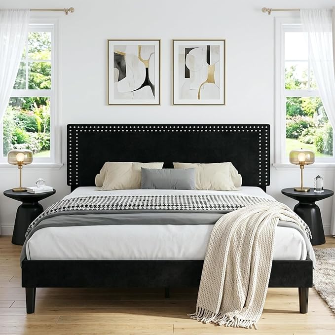 VECELO King Bed Frame with Rivet-Tufted Headboard & Footboard, Upholstered Platform Bed with Wood Slats Support, No Box Spring Needed, Noise-Free, Easy Assembly, Black