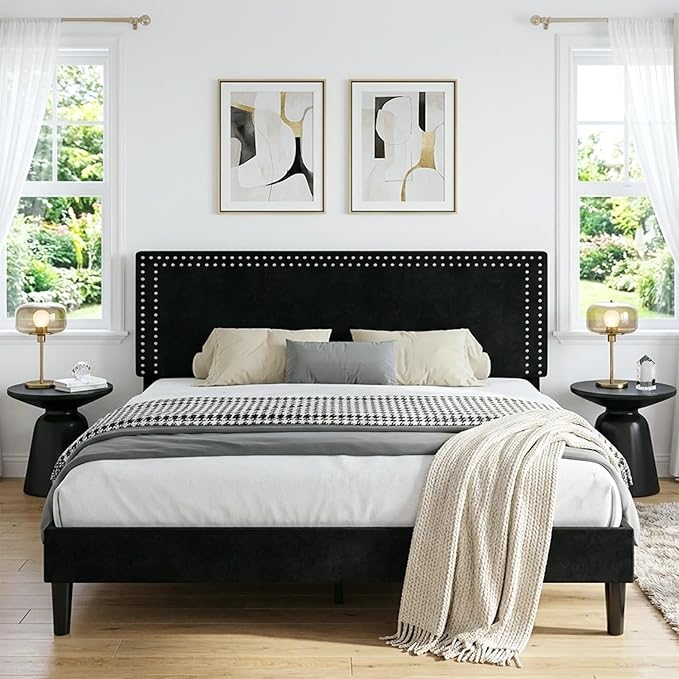 VECELO Queen Size Platform Bed Frame with Height Adjustable Upholstered Headboard, Modern Mattress Foundation,Strong Wood Slat Support, No Box Spring Needed, Easy Assembly,Black