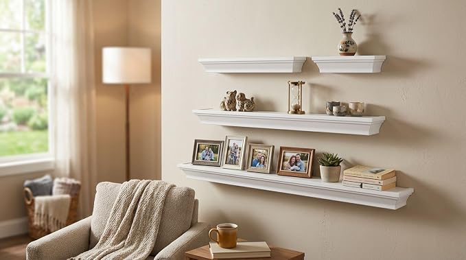 MELANNCO Floating Wall Shelves Set of 4, White Wood Display Shelves for Wall, Includes 6, 12, 20 and 24 Inch Sizes with Raised Edges and Mounting Hardware for Room Decor, Home Decor