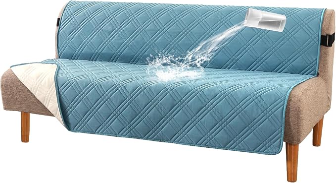 H.VERSAILTEX 100% Waterproof Futon Couch Cover Reversible Sofa Slipcovers Armless Daybed Cover Soft Thicken Sofa Bed Cover for Dog with Adjustable Elastic Strap Non-Slip, Smoke Blue/Beige