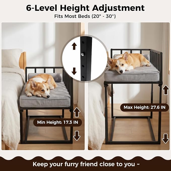 Bedside Dog Bed, Height Adjustable Elevated Co-Sleeper for Small Medium Dogs, Fits Low to High Beds (17-28in), Heavy-Duty Metal Bunk Bed Frame with Safety Side Rails & Washable Cushion