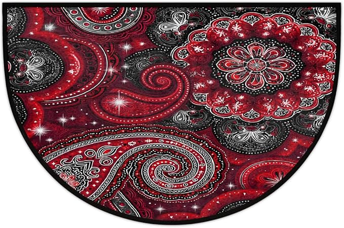 Paisley Half Round Rug Half Moon Door Mat Half Circle Rugs | Ethnic Flowers Washable Non-Slip Semi Circle Rug Welcome Half Round Door Mat Indoor Entrance Bedroom Living Room Decor B286