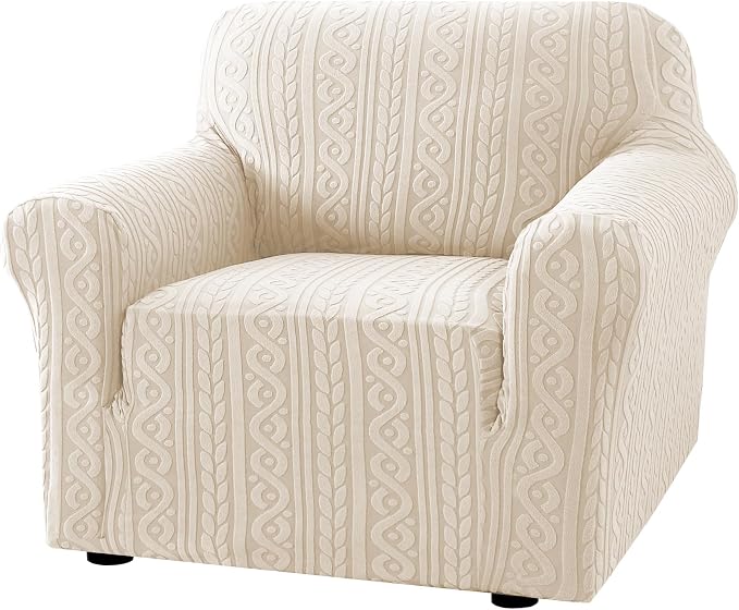 H.VERSAILTEX Sofa Chair Covers Stretch Couch Covers 1 Piece Couch Slip Cover Anti-Slip Soft Sofa Cover for Dogs Washable Upgrade Thick Jacquard Fabric with Spiral Pattern(46"-53", Ivory)