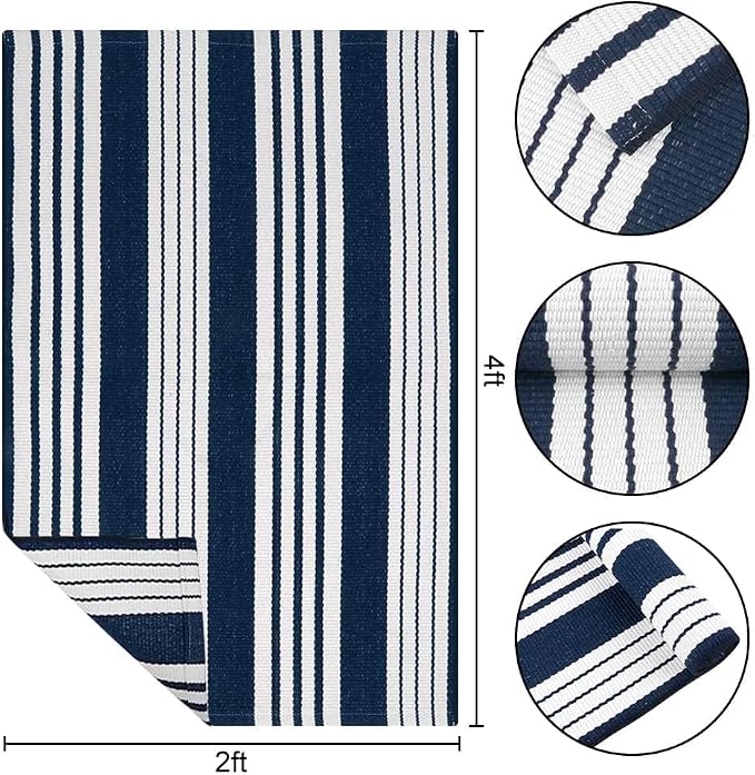 OJIA Outdoor Mats for Front Door 24"x51" Porch Rug Blue & White Outdoor Rug | Machine Washable Front Door Mat Cotton Woven Blue and White Outdoor Rugs Striped Kitchen Runner Doormat for Entry/Entrance