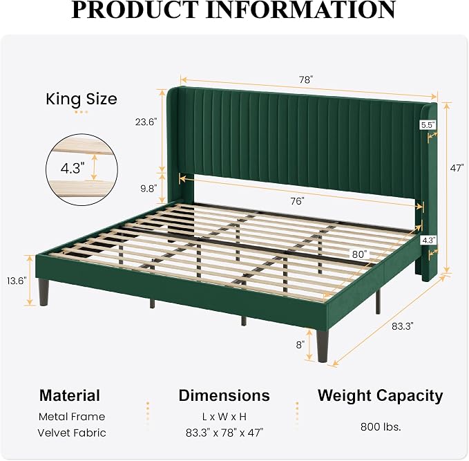 SHA CERLIN King Size Velvet Bed Frame, Tufted Wingback Headboard, Green | 47'' Modern Vertical Channel Headboard, Upholstered Platform Bed, Wood Slats, No Box Spring Needed, Easy Assembly, Noise Free
