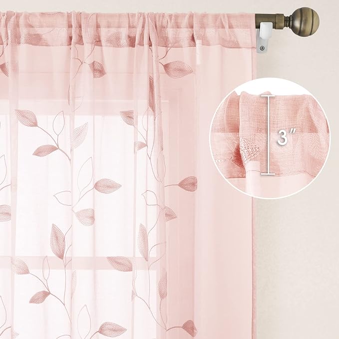 HOMEIDEAS Blush Pink Sheer Curtains 52 X 84 Inches Length 2 Panels Embroidered - Image 5