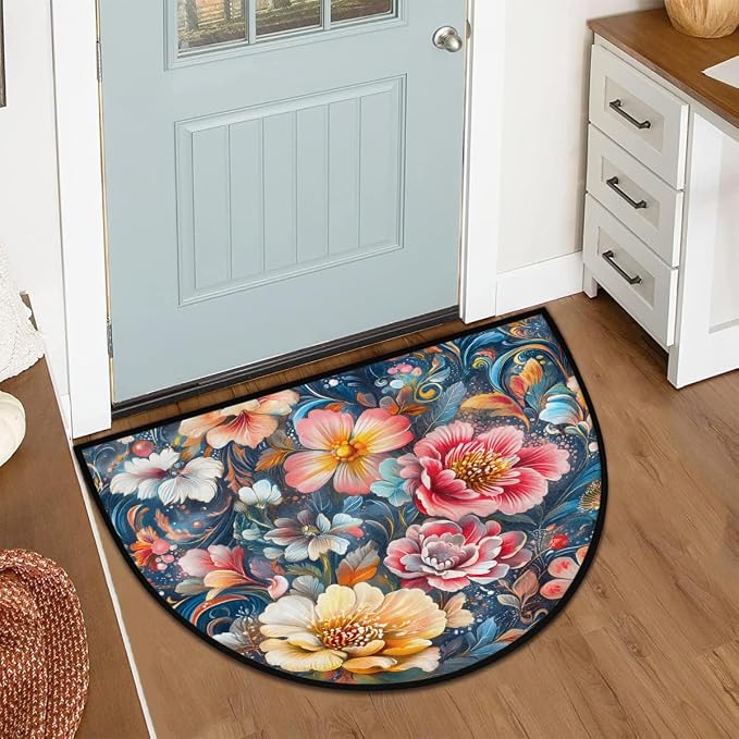 Spring Flowers Half Round Rug Half Moon Door Mat Half Circle Rugs | Rainbow Art Washable Non-Slip Semi Circle Rug Welcome Half Round Door Mat Indoor Entrance Kitchen Bedroom Living Room Decor