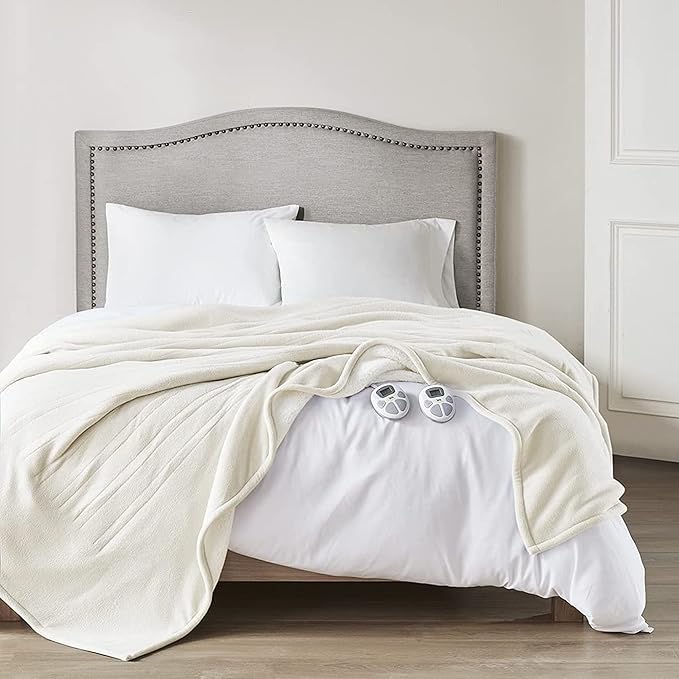 Serta Heated Blanket Queen - Reversible Fleece Heating Blanket, Creme White | Dual-Layer Heated Throw Blanket With 5 Heat Settings & Auto Shut Off, Machine Washable, ETL Certified