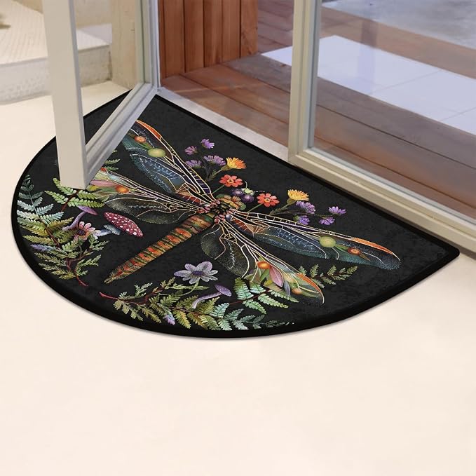 Dragonfly Half Round Doormat Non-Slip Semi Circle Rug Half Moon Mat | Flower Black Leaves Washable Soft Absorbent Indoor Outdoor Entrance Kitchen Bathroom Sink Patio Welcome Fireplace Floor Rug