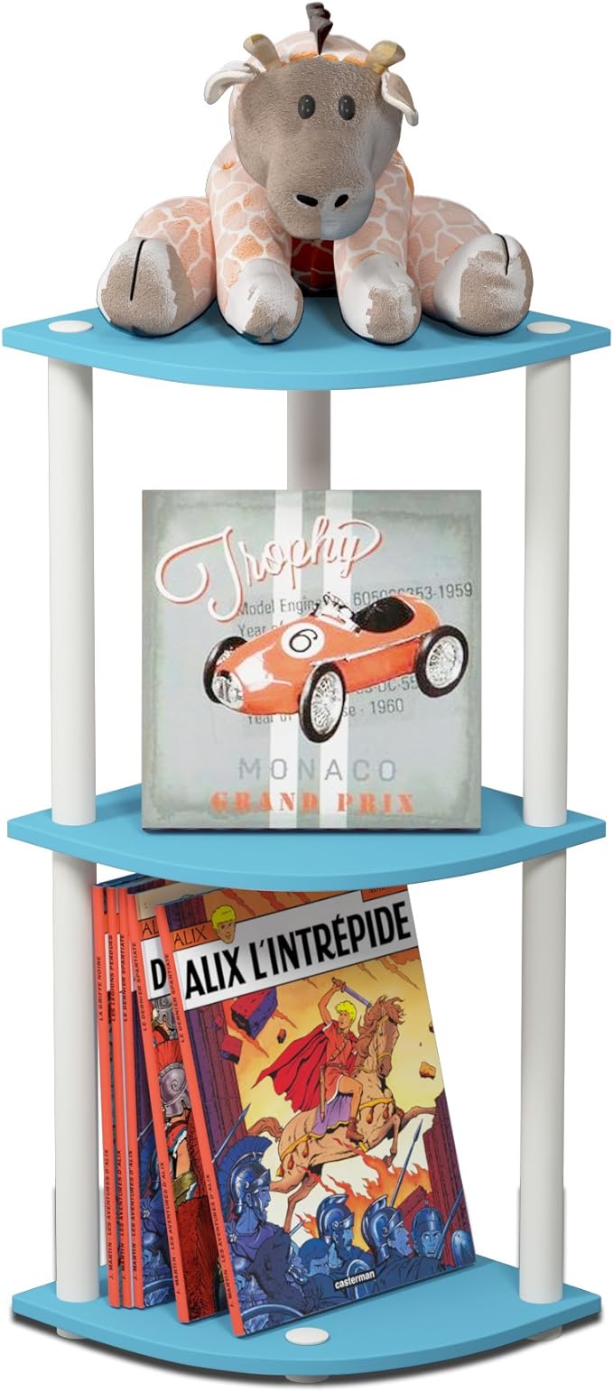 Furinno TURN-N-TUBE Corner Shelf, 3-Tier Corner Bookshelf, Display Storage Shelves with Open Shelves, for Organization and Storage, Living Room, Home Office, Garage, Light Blue