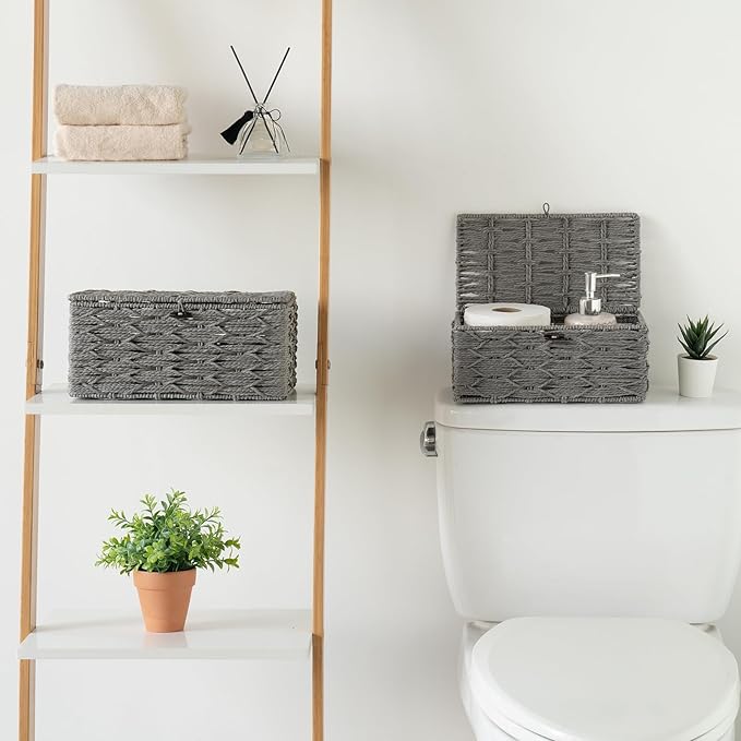 Mkono Storage Basket with Lid, Decorative Bins for Organize, Set of 2 Grey | Paper Rope Box, Toilet Tank Top, Space-Saving, Handwoven Rectangular, Shelf Closet Bathroom Bedroom Office, Home Decor