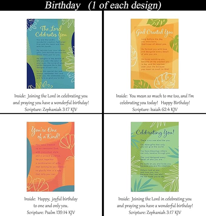 Birthday ~ No Repeated Designs~ 32 Cards and Designs ~ Christian/Religious Greeting Card Assortment #2 ~ Scripture in every card ~ Envelopes Included