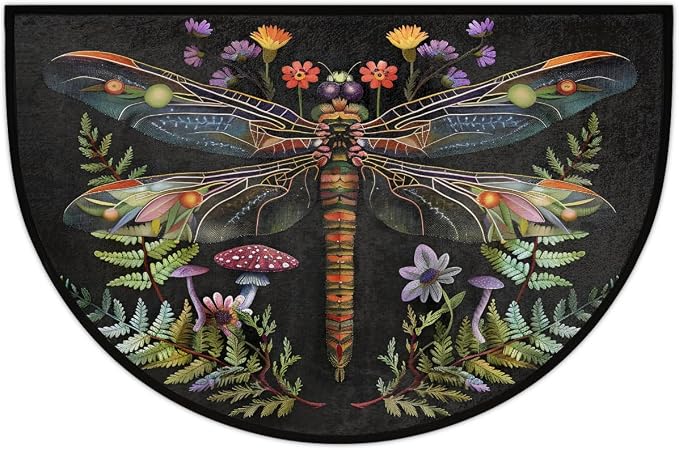 Dragonfly Half Round Doormat Washable Semi Circle Rug Kitchen Outdoor Rugs | Dragonfly Half Moon Rugs Non Slip Absorbent Entrance Floor Mat for Indoor Outdoor Bathroom Bedroom Fireplace Carpet Decor