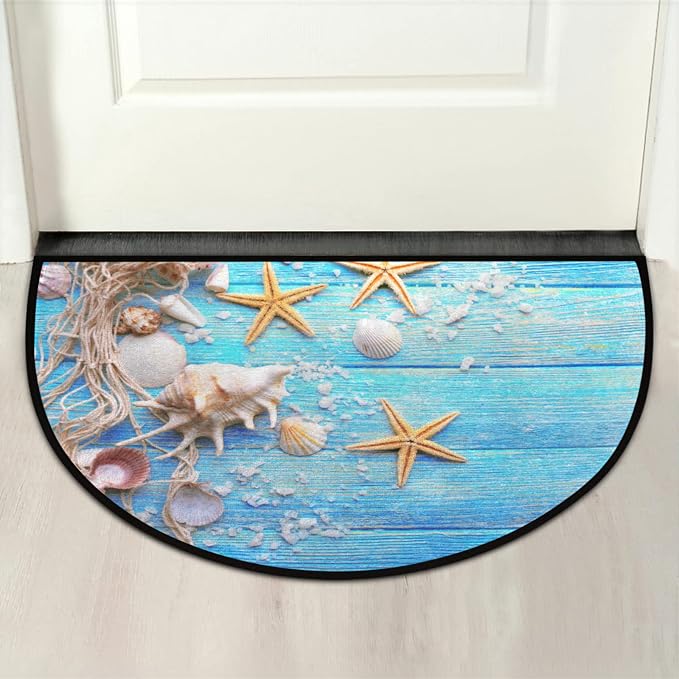 Beach Half Round Doormat Semi Circle Rug Half Moon Rug Entryway Mat | Teal Starfish Washable Non Slip Outdoor Floor Rug Kitchen Mat for Indoor Outdoor Bathroom Fireplace Bath