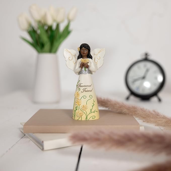 Pavilion Gift Company - Treasured Friend - 5" Ebony African American Angel Figurine Floral Spring Home Decor Bestie BFF Best Friend Present