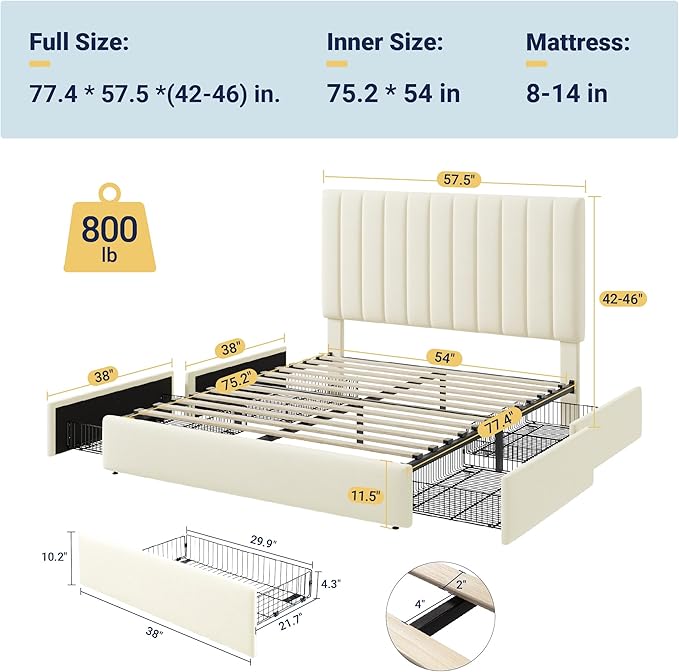 Allewie Full Size Storage Bed Frame, Vertical Channel Tufted Adjustable Headboard, Velvet Upholstered Platform Bed with 4 Oversized Underbed Drawers, Wooden Slats Support, No Box Spring Needed, Cream