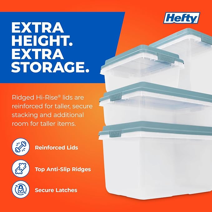 Hefty 40 Quart Hi-Rise Storage Bin with Lid, Stackable Plastic Container Tote for Home, Office, and Classroom Organization, 6 Pack, Smoke Blue