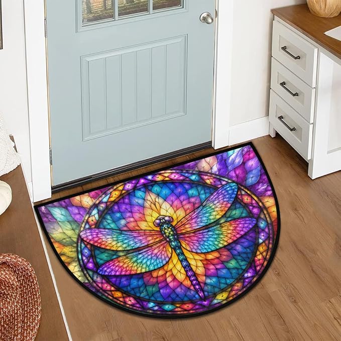 Dragonfly Half Round Door Mat Welcome Entrance Mat Bath Bathroom Rug A9 | Dragonfly Glass Painting Welcome Entrance Mat Anti-Slip Half Moon Bath Mat Semi Circle Rug Indoor Outdoor Kitchen Rug